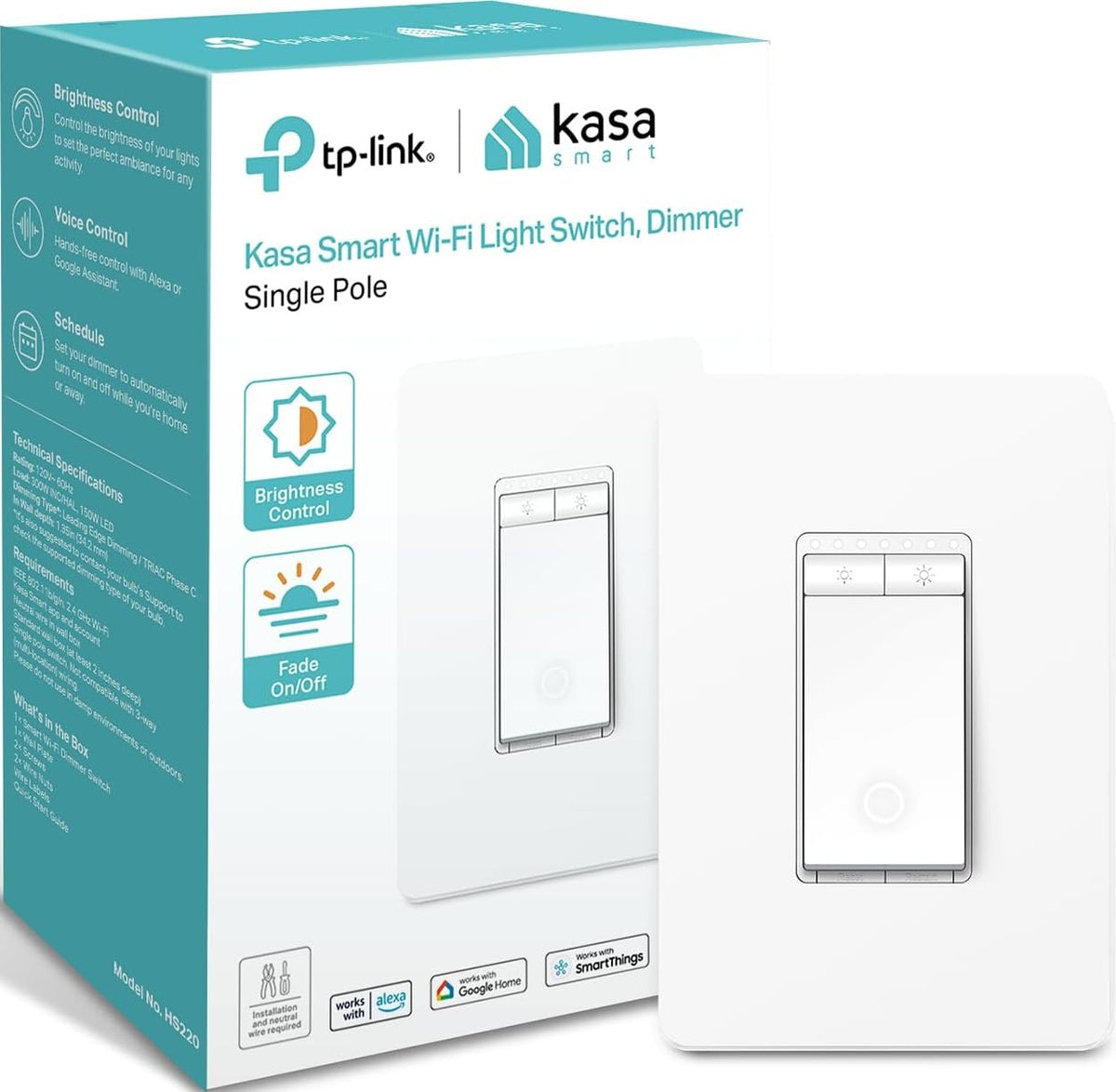 Kasa Smart Dimmer Switch HS220P3, Single Pole, Needs Neutral Wire